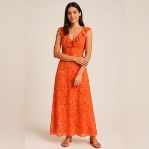 Yu Yuan Women’s Maxi Dress Size L NWT Orange Floral Ruffle Tie Neck Sleeveless